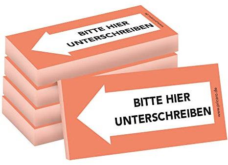 PRICARO Haftnotizen Bitte hier unterschreiben, Links orange, 100 Blatt, 5 Stück