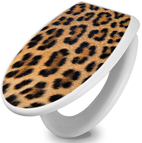 banjado Toilettendeckel mit Absenkautomatik 44,5x37cm / WC Sitz mit Absenkautomatik/Toilettensitz Duroplast mit Edelstahl Scharnieren/Klodeckel mit Absenkautomatik Motiv Leopardenfell