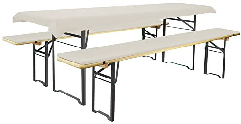 Brandsseller Auflagenset für Bierzeltgarnituren 3-teilig 2 Bankauflagen gepolstert 220x25 cm und 1 Tischdecke 240x70 cm für alle gängigen Festzeltgarnituren Bierbankauflagen Outdoor - Ecru