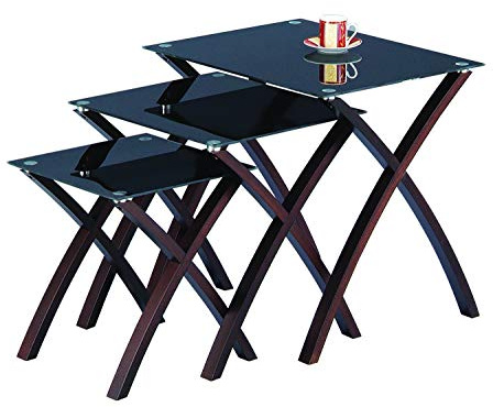 ASPECT Miami Lot de 3 Tables gigognes en Verre trempé Noir, Pieds en Bois Massif Finition wengé (Acajou)