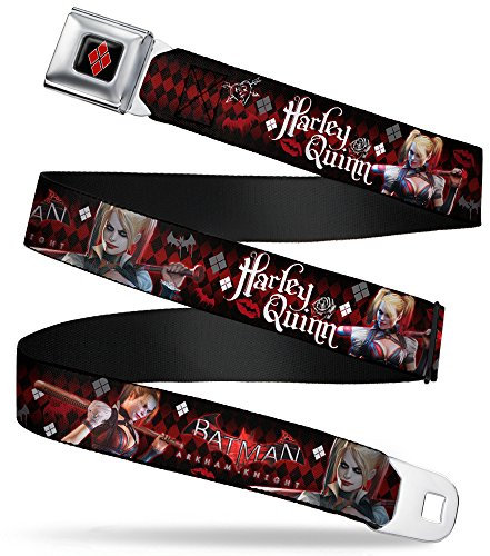 Buckle-Down Herren Full Color Seatbelt Belt-Batman Arkham Knight Logo Harley Quinn Poses Diamonds/Bats/Kisses Black/Reds/White X-Large Webbing Grtel, Mehrfarbig, 4 cm Breit-81/132 cm Länge