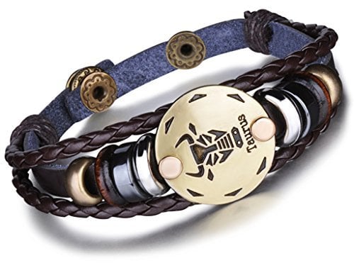 Infinite U Retro Punk Mens Womens 12 Constellation Zodiac Sign Bracelet Braided Leather Alloy Charm Bracelet Multilayer Wristband Bangle