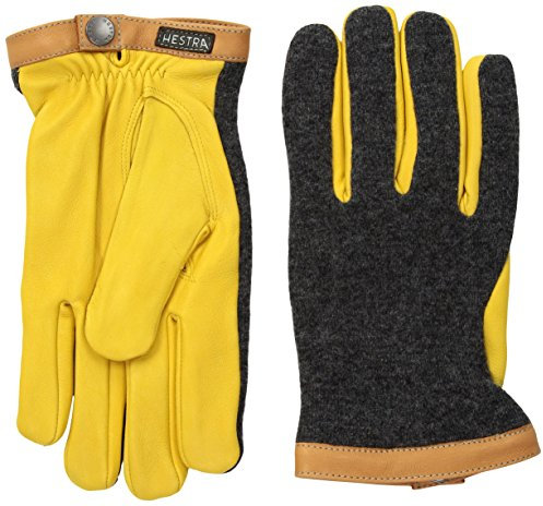 Hestra Men’s Deerskin Wool Tricot Gloves, Leather & Wool Gloves with Merino Wool Lined for Everyday Wear in Cold Weather - Charcoal/Natural Yellow - 10