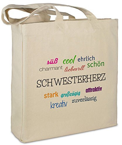 Stofftasche mit Namen Schwesterherz - Motiv Positive Eigenschaften - Farbe beige - Stoffbeutel, Jutebeutel, Einkaufstasche, Beutel