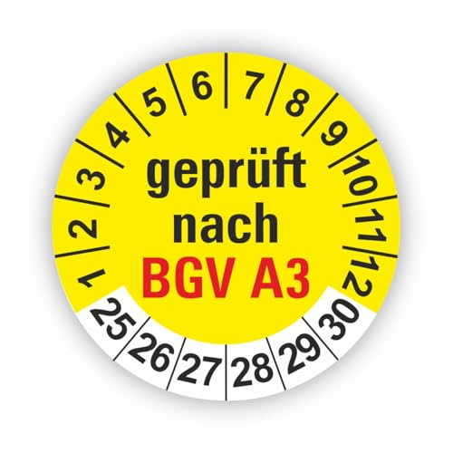 Fassbender-Druck PRÜFPLAKETTEN - Hochwertige Prüfetiketten BGV A3 PRÜFUNG Ø 20mm - Selbstklebende PVC-Folie - Wartungsetiketten für Prüfung - Prüfplakette für Prüfungsnachweis (120 Stück)