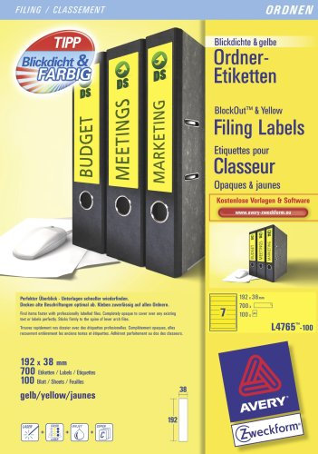 Avery Zweckform, L4765-100, Ordner-Etiketten, 100 Blatt, für schmale Ordner, kurz, z.B. für Leitz, Elba, Esselte, Mehle, Herlitz, Bene, 192 x 38 mm