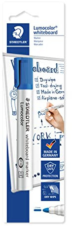 STAEDTLER Whiteboard Marker Lumocolor, blau, trocken und rückstandsfrei abwischbar, Rundspitze ca. 2 mm Linienbreite, hohe Qualität Made in Germany, 1 blauer Marker auf Blisterkarte, 351-3 BK