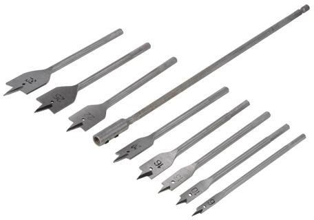 8 Piece 6mm-32mm Flat Bit Set - 300mm Extension Bar - Drilling Hard & Soft Wood