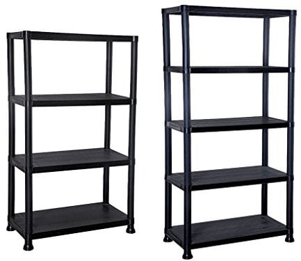 E-Bargains 4/5 Tier Black Plastic Shelving Unit Storage Organised Garage/Home/Pantry Racking Shelf Shelves Workbench Workman Bays Racking Tools Paint Stationary Parts (4 Tier)