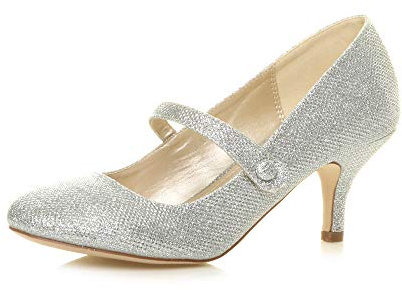 Ajvani Womens Ladies Low mid Heel Mary Jane Strap Work Party Court Shoes, Silver Shimmer, 5 UK