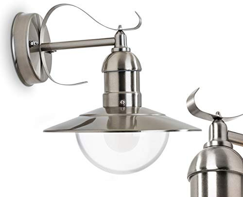 Außenwandleuchte Broni, Wandlampe abwärts in antikem Look aus Metall u. Kunststoff in Edelstahl, Wandleuchte m. E27-Fassung, Retro/Vintage Außenleuchte für Terrasse u. Hof, ohne Leuchtmittel