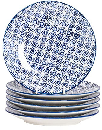 Nicola Spring Hand-Printed Side Plates - 18cm - Navy - Pack of 6 - Porcelain Decorative Patterned Dining Dish Plates for Snacks, Starters, Dinner, Dessert