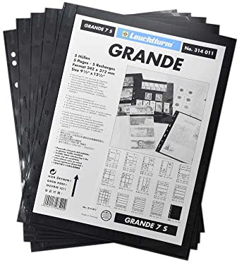 Leuchtturm 314011 Grande Kunststoffhüllen mit 7 waagerechten Streifen für Briefmarken, 242 x 312 mm, weichmacher- und säurefrei - Schwarz, 5er-Pack