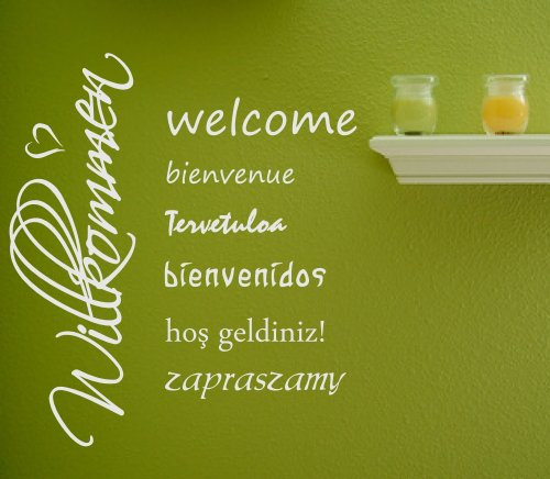 Wandtattoo für den Flur, Eingangsbereich, Haustüre 68072-50x58 cm, ~ Text Willkommen verschiedene Sprachen, welcome, hos geldiniz ~ Wandaufkleber Wandtatoos Sticker Aufkleber für die Wand, Fensterbild, Tapetensticker, Türaufkleber, Tattoo aus Markenfolie in 32 Farben