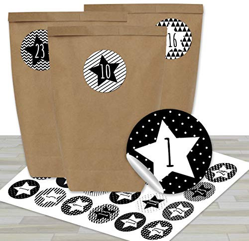 Papierdrachen Adventskalender zum Befüllen - mit 24 braunen Papiertüten und 24 schwarz-weißen Aufklebern - zum Selbermachen und Basteln - Mini Set Nr 30 - Weihnachtskalender für Kinder