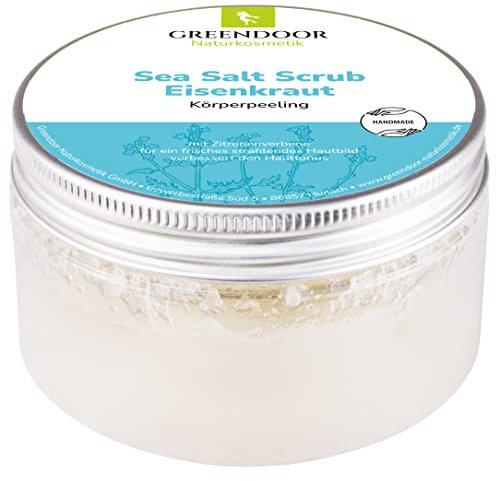 GREENDOOR Körperpeeling Sea Salt Scrub Eisenkraut 280g vegan, zitroniger Duft, natürliches Körper-Peeling ohne Mikroplastik ohne Konservierungsmittel, Naturkosmetik Meer-Salz-Peeling, Natur Body Scrub