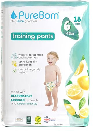 PureBorn 18 Windelhöschen Größe 6 (15+ kg), Ultra-Saugfähig, Hypoallergen, Weich & Sanft für Babys, Dermatologisch Getestet, Auslaufsicher, Umweltfreundlich aus Bambus