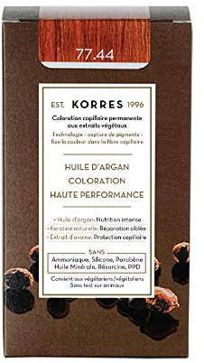 KORRES Coloration Permanente aux Extraits Végétaux Couvre 100% des Cheveux Blancs sans Ammoniaque/PPD 77.44 Blond Cuivré Intense