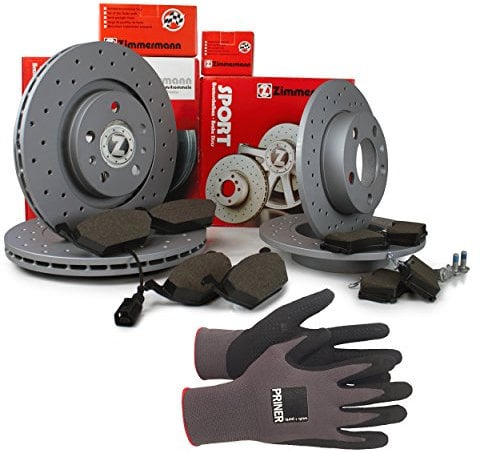 Inspektionspaket Zimmermann Sport Bremsen Set inkl. Bremsscheiben und Bremsbeläge für vorne und hinten enthalten, 100% passend für Ihr Fahrzeug, inkl. Priner Montagehandschuhe, AN127