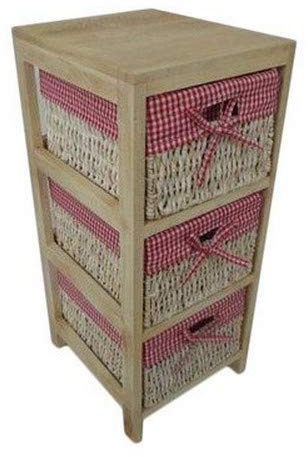 Hansen Korbwaren 3401/3KR Holzregal mit 3 Maisstrohkörben, Regal aus Palowniaholz, rot/weiß kariertem Stoff