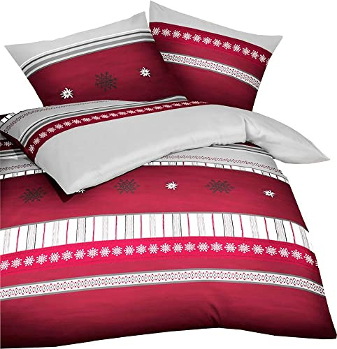 Kaeppel Biber Bettwäsche Edelweiss Edelweiß Kristalle Karmin Rot Grau Weiß, Größe:155x220cm Bettwäsche