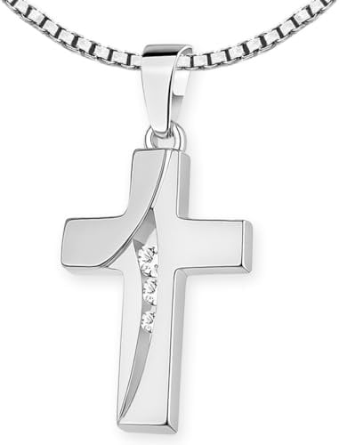 CLEVER SCHMUCK Mädchen Kreuzkette mit Stein Kreuz Anhänger 23 mm geschwungen 3 Zirkonia mittig übereinander matt und glänzend + Veneziakette 42 cm 925 Sterling Silber im Etui creme