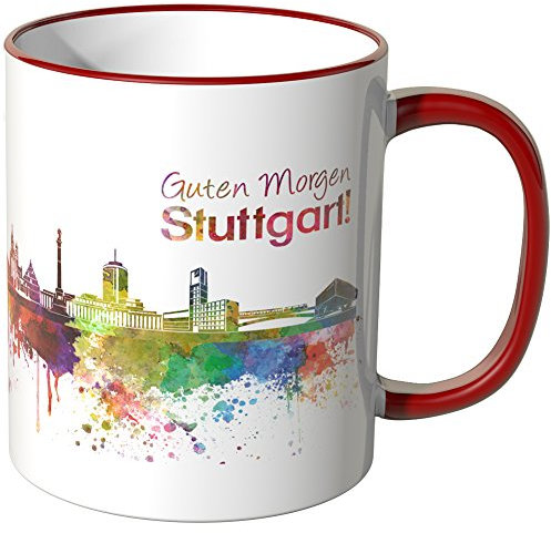 WANDKINGS® Tasse, Schriftzug Guten Morgen Stuttgart! mit Skyline - ROT
