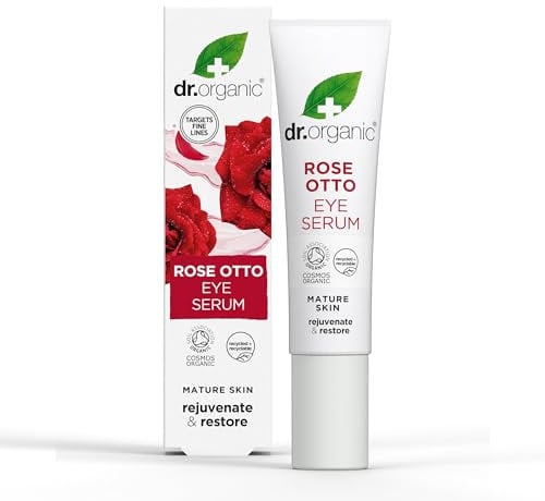 Dr Organic Rose Otto Eye Serum, Restoring, Fine Lines, Mens, Womens, Natural, Vegan, Cruelty-Free, Paraben & SLS-Free, Recycled & Recyclable, Organic, 15ml, Packaging may vary