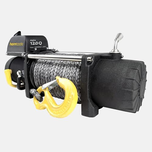 Horntools Seilwinde Alpha, 5,4 Tonnen Quick, Querstreben aus Edelstahl, Seilwinde für Auto, Offroad, Selbstbergung, Anhängerwinde, Bootswinde, Jagdwinde (Kunststoffseil, 24 Volt)