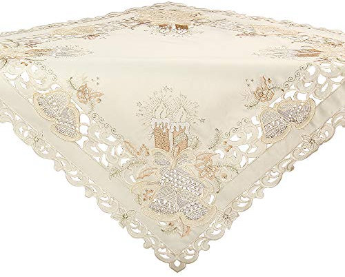 Bezaubernde Weihnachten Mitteldecke/Tischdecke Creme-Weiß mit Gold Kerzen Glocken Stickerei - Größe wählbar (ca. 110 x 110 cm Eckig)