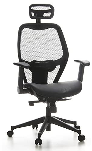 hjh OFFICE 653010 Profi Bürostuhl AIR-Port Leder Schwarz Drehstuhl mit Lordosenstütze, Armlehnen klappbar, Netzrücken