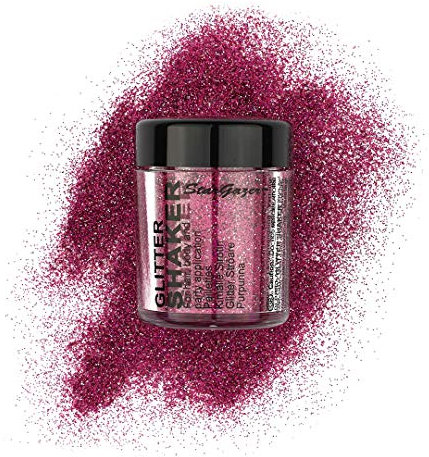 Stargazer Glitter Shaker, Lazer Pink. Cosmetic glitter powder for use on the eyes, lips, face, body, hair and nails.