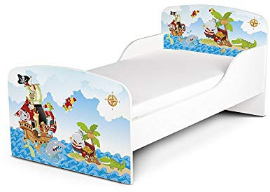 Leomark Funktionsbett aus Holz - Piraten I - Kinderbett mit Matratze, Holzbett mit Seitenschutz Lattenrost, Komplett Set für Kinderzimmer, Praktisches und Bequemes für Kinder, Liegefläche 70/140 cm