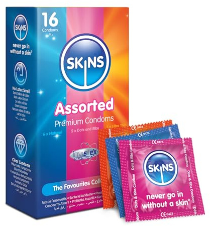 Skins Sexual Health Kondome Multipack, ultradünn, natürlich & Punkte & Rippen, kein Latexgeruch und zusätzliche Schmierung für maximalen Komfort und Vergnügen (sortiert, 16 Stück, 1 Stück)