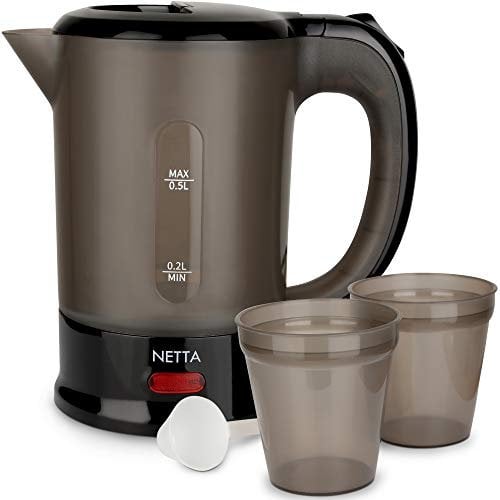NETTA 0.5L Travel Kettle with 2 Cups – Lightweight and Space-Saving – Boil-Dry Protection and Auto Shut-Off – Ideal for Caravans, Suitcases, Dormitories – Black – 1100W