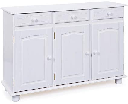 Inter Link - Commode de style rustique - Buffet - Buffet buffet - Style rustique - Armoire d'appoint - Pin massif - 3 portes - 3 tiroirs - Blanc laqué - Livio