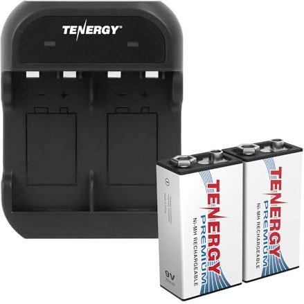 Tenergy TN141 - Cargador inteligente de 2 bahías de 9 V con 2 unidades de baterías recargables de 9 V NiMH de 250 mAh