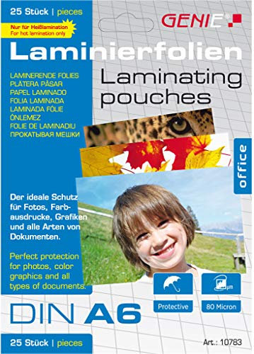 Genie 10783 Laminierfolien (glasklar; 80 Mikron; Formate bis zu DIN A6; geeignet für alle Heißlaminiergeräte) 25er Pack