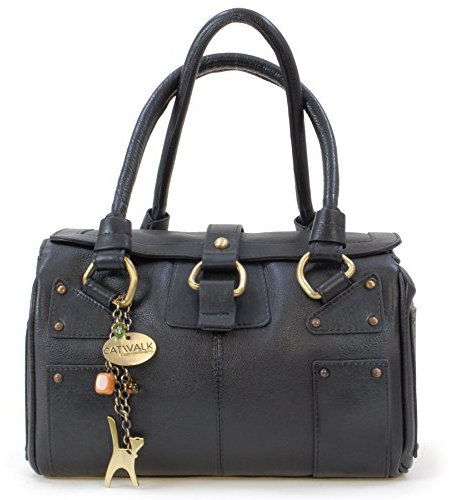 Catwalk Collection Handbags - Damen Leder Henkeltasche - Handtasche Mittelgroß mit Viele Fächer - CLAUDIA - Schwarz