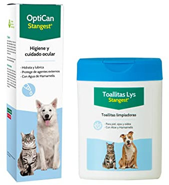 STANGEST Pack OptiCan + 40 Toallitas LYS | Limpiador de Ojos Perros y Gatos | Toallitas Limpiadoras de Piel, Ojos y Oídos | Efecto Hidratante y Calmante | Cuidados Mascotas