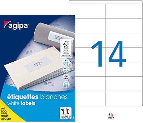 AGIPA Bte 1400 étiquette 105x42 mm (14 x 100F A4) Multi-usage Coin Droit Permanent Blanc