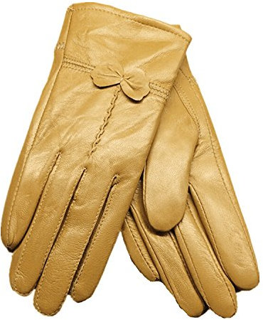 Fletion Damen Luxus Eeichem Lammfell Lederhandschuhe Mit Fleece-Futter, Einheitsgröße, Gelb