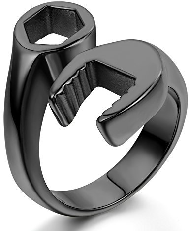 JewelryWe Schmuck Biker Edelstahl Herren-Ring, Fashion Mode Mechaniker Schraubenschlüssel Schlüssel Band Ring, Edelstahlring für Halloween Weihnachten, Schwarz Größe 67 - mit Geschenk Tüte