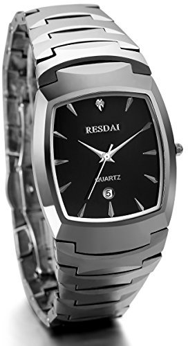 JewelryWe Herrenuhr Wolfram Rechteckige Uhr: Luxus Edle Kalender Analog Quarz Armbanduhr Herren Wolframcarbid Business Casual Uhr mit Schwarz Eckigem Zifferblatt Silber Geschenk für Männer