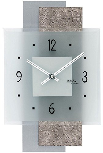 AMS 9443 Quarz Wanduhr Quarzuhr mit Ebenen Design- Kunstleder auf Holzrückwand Mineralglas chromfarbene Zeiger