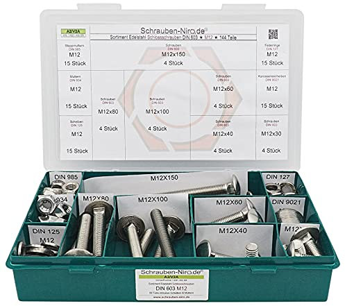 Sortiment M12 DIN 603 Edelstahl A2 (V2A) Flachrundschrauben mit Vierkantansatz (Schlossschrauben) - Set mit Schrauben, Scheiben (DIN 125, 127, 9021) + Muttern (DIN 934, 985) - 99 Teile