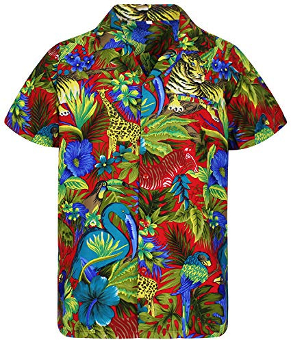 V.H.O. Funky Hawaii-Hemd Herren Kurzarm Front-Tasche Standard-Fit Sommer-Hemd Dschungel Tiere Papageien