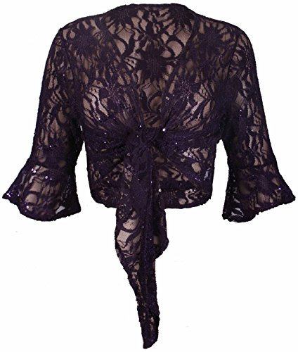 New Womens Floral Lace 3/4 Three Quarter Short Sleeve Ladies Front Tie Up Sequin Shrug Bolero Stretch Cropped Top Cardigan Plus Size Purple Size 20 - 22