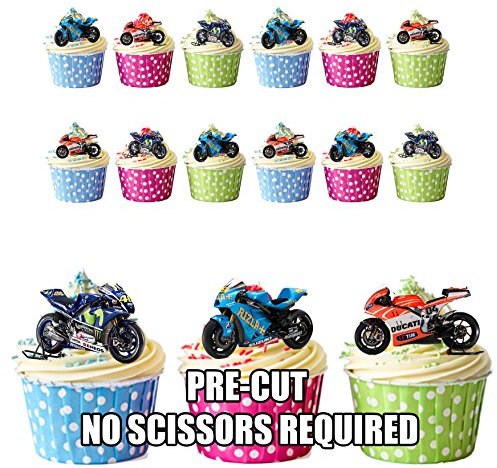 AK Giftshop Moto GP Motorbikes Mix - Edible Cupcake Toppers/Cake Decorations (Pack of 12)
