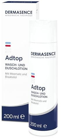 DERMASENCE Adtop Wasch- und Duschlotion, 200 ml, seifenfreie Reinigung bei trockener und empfindlicher Haut, mit Meersalz und Bisabolol, pH-hautneutral, vegan, für Kinder und Erwachsene geeignet